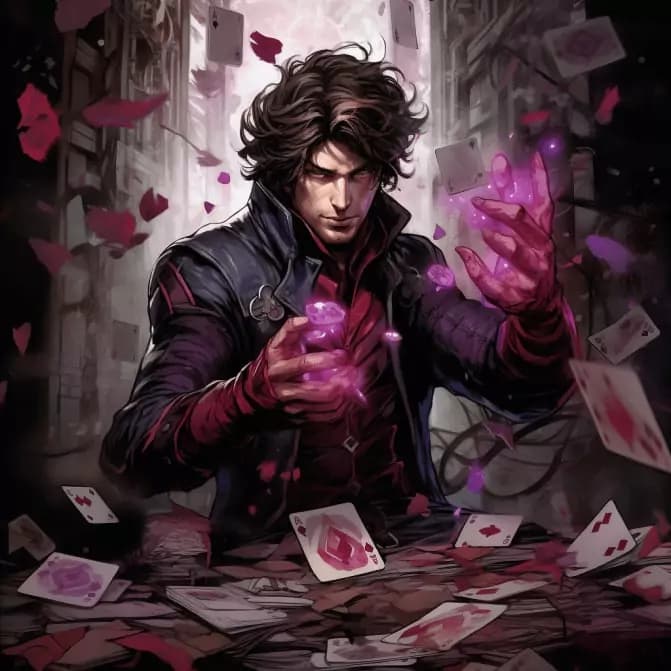 Marvel character Gambit throwing his magic playing cards in the style of Jim Lee
