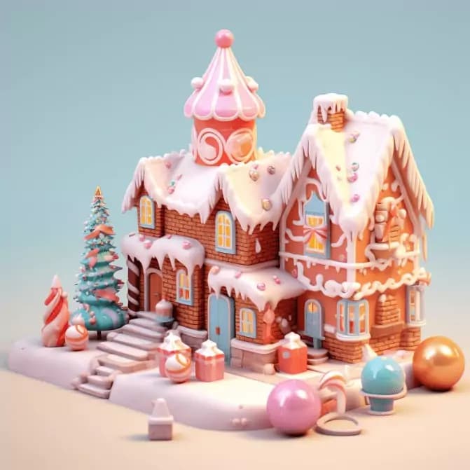 3D lowpoly game, examples of cute cookie Christmas houses with Christmas decorations, colorful glitters, and gift boxes