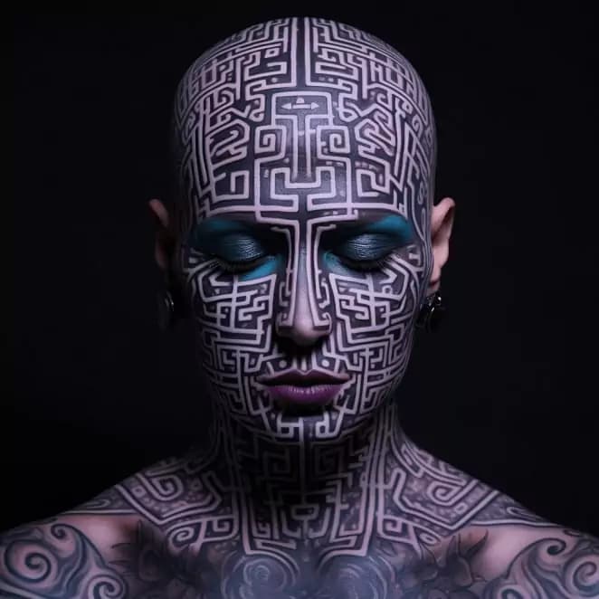 maze pattern face tattoo in the style of sci-fi Lladro